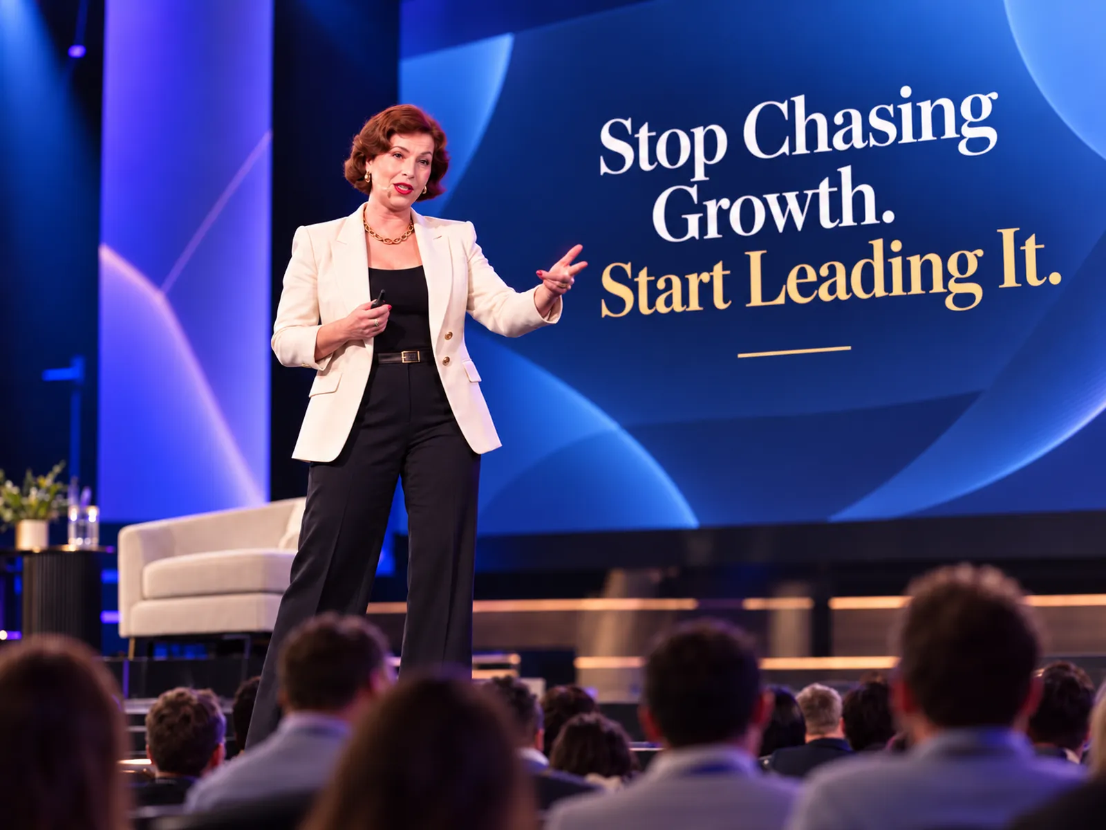 Christine DiDonato on stage delivering her keynote Stop Chasing Growth, Start Leading It